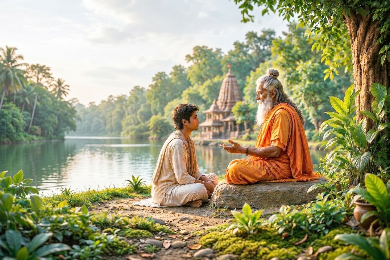 A guru guiding a student beside a peaceful river and temple
